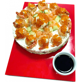 Вторые блюда – суши-торт с семгой и креветками